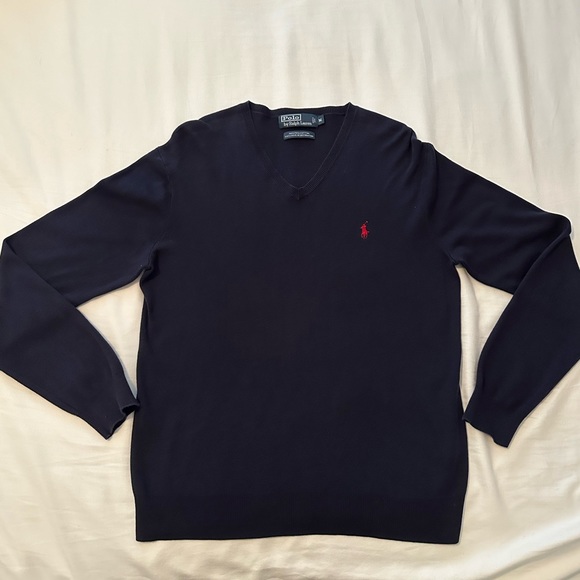 Polo by Ralph Lauren V-Neck Sweater Blue with red pony - Picture 4 of 5